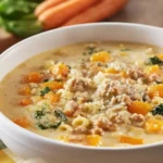 Bowl of Roasted Butternut and Sausage Soup with ditalini pasta, spinach, and parmesan in a creamy broth on a rustic table