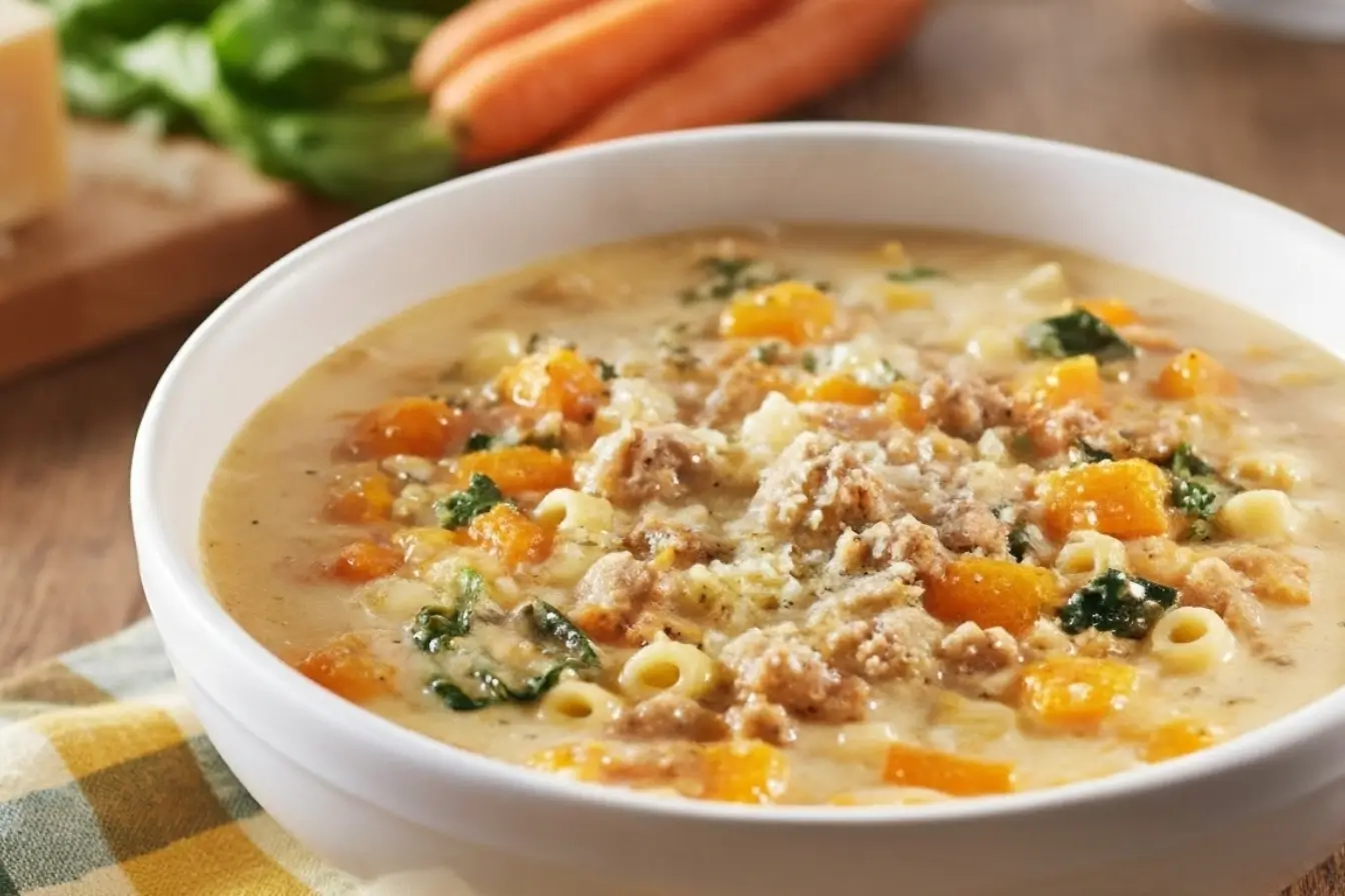 Bowl of Roasted Butternut and Sausage Soup with ditalini pasta, spinach, and parmesan in a creamy broth on a rustic table
