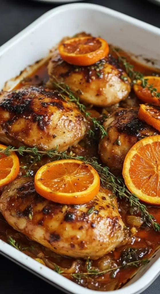 Close up of Roasted Orange Chicken with Vegetables, caramelized chicken thighs, citrus slices, fresh thyme, and tender veggies in a rich sauce