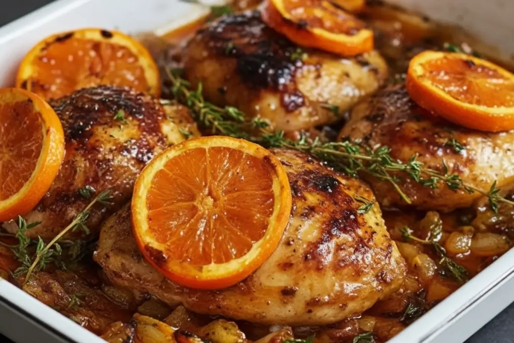 Roasted Orange Chicken with Vegetables baked in a white pan, glazed thighs topped with orange slices and thyme, juicy weeknight sheet pan dinner