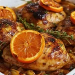 Roasted Orange Chicken with Vegetables baked in a white pan, glazed thighs topped with orange slices and thyme, juicy weeknight sheet pan dinner