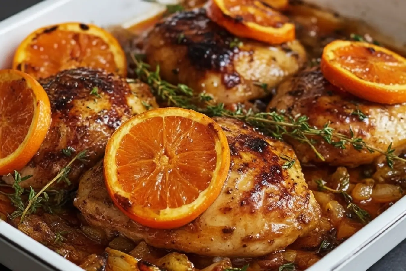 Roasted Orange Chicken with Vegetables baked in a white pan, glazed thighs topped with orange slices and thyme, juicy weeknight sheet pan dinner