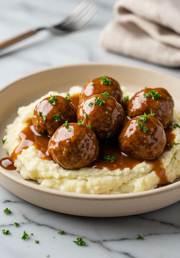 Slow cooker style Salisbury Steak Meatballs, glossy brown gravy on fluffy mashed potatoes, easy family dinner, weeknight comfort