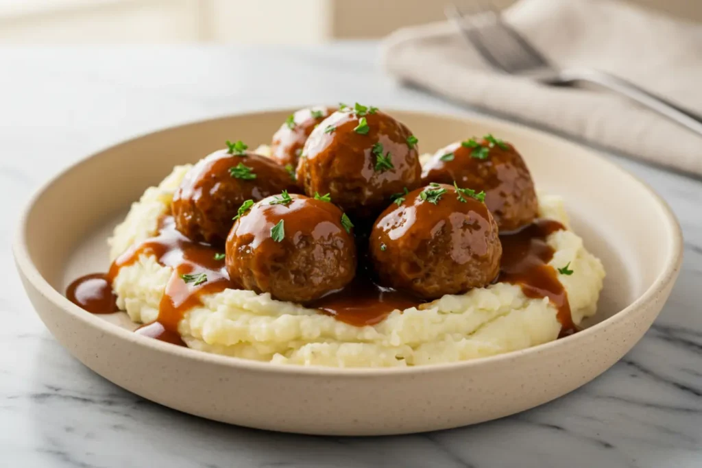 Salisbury Steak Meatballs with mushroom gravy served over creamy mashed potatoes, parsley garnish, cozy comfort food dinner idea