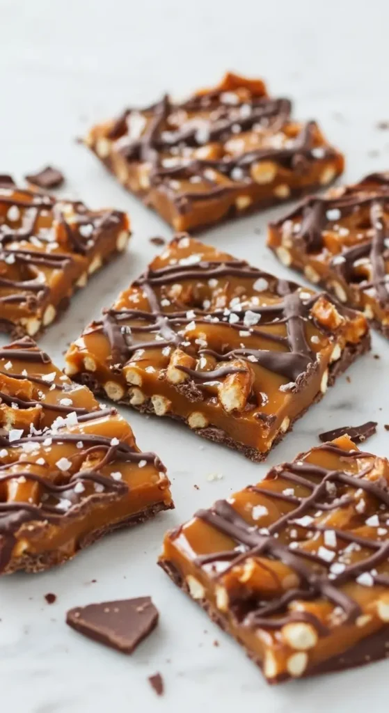 Close-up of crunchy Salted Caramel Pretzel Bark, pretzel pieces set in caramel over chocolate, topped with sea salt crystals