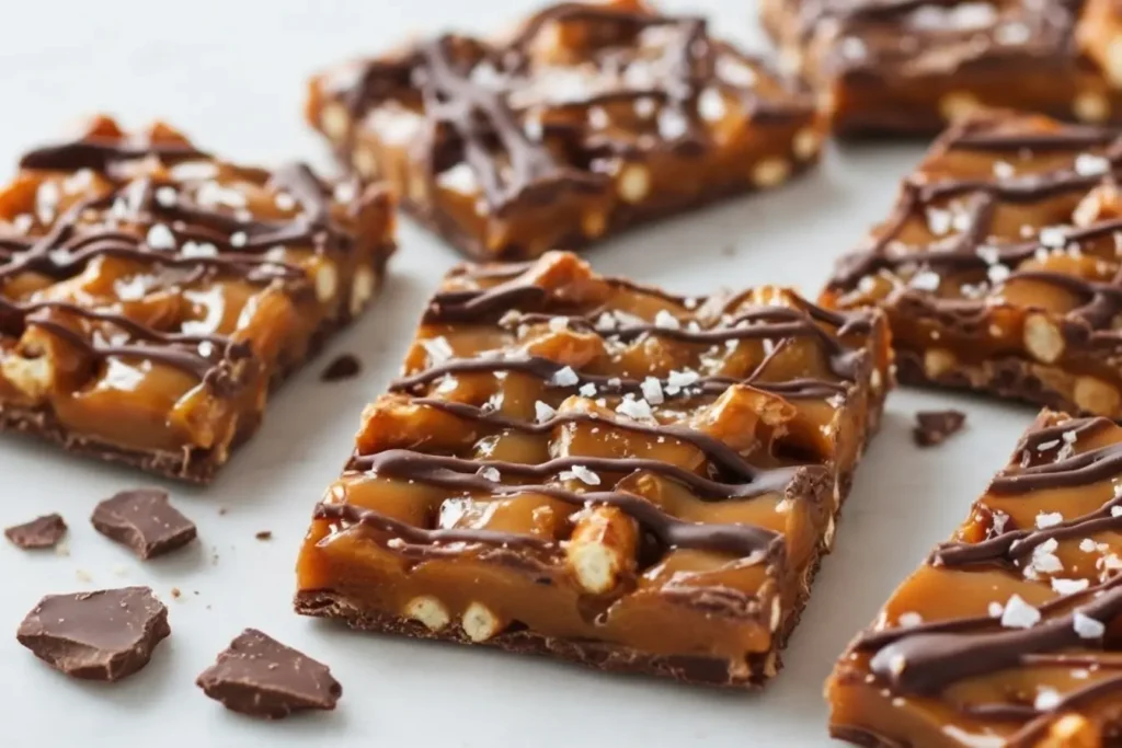 Salted Caramel Pretzel Bark squares with chocolate drizzle and flaky sea salt on a marble surface, sweet and salty homemade candy