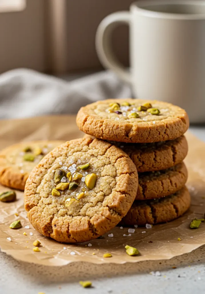 Salted Honey Pistachio Cookies 4 Freshly baked salted honey pistachio cookies with crunchy nuts and flaky salt, stacked on brown paper with crumbs and a glass of milk in the background.