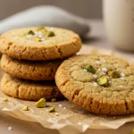 Salted Honey Pistachio Cookies 5 Close-up of a stack of salted honey pistachio cookies on parchment, studded with chopped pistachios and sea salt, golden edges and soft centers.