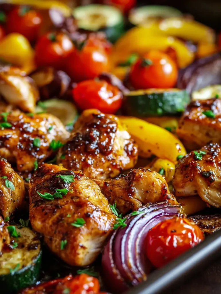 Juicy Sheet Pan Balsamic Chicken and veggies glazed to caramelized perfection, simple oven baked one pan meal for busy nights