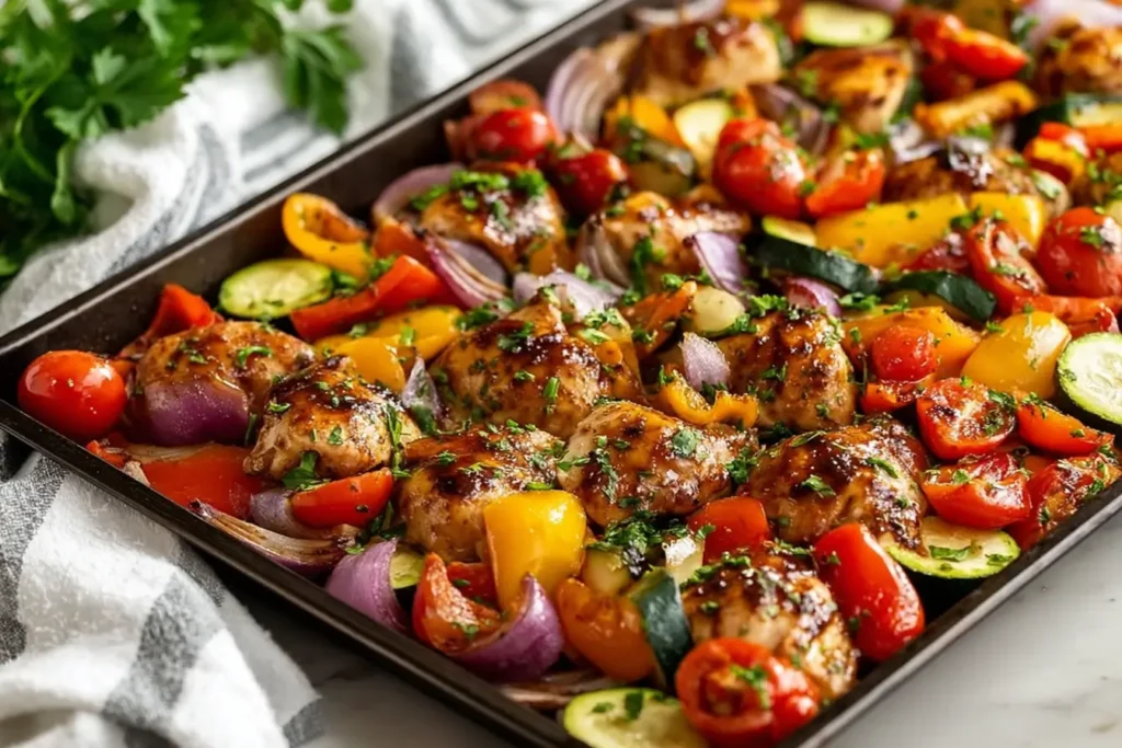 Sheet Pan Balsamic Chicken with roasted bell peppers, zucchini, red onion, and cherry tomatoes, an easy one pan weeknight dinner