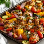 Sheet Pan Balsamic Chicken with roasted bell peppers, zucchini, red onion, and cherry tomatoes, an easy one pan weeknight dinner