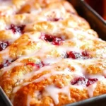 Get Warm Doughnut Flavor Without The Fryer - Simple Jam Donut Focaccia 5 Close-up of Simple Jam Donut Focaccia, golden brown with raspberry jam pockets and vanilla glaze in a baking pan