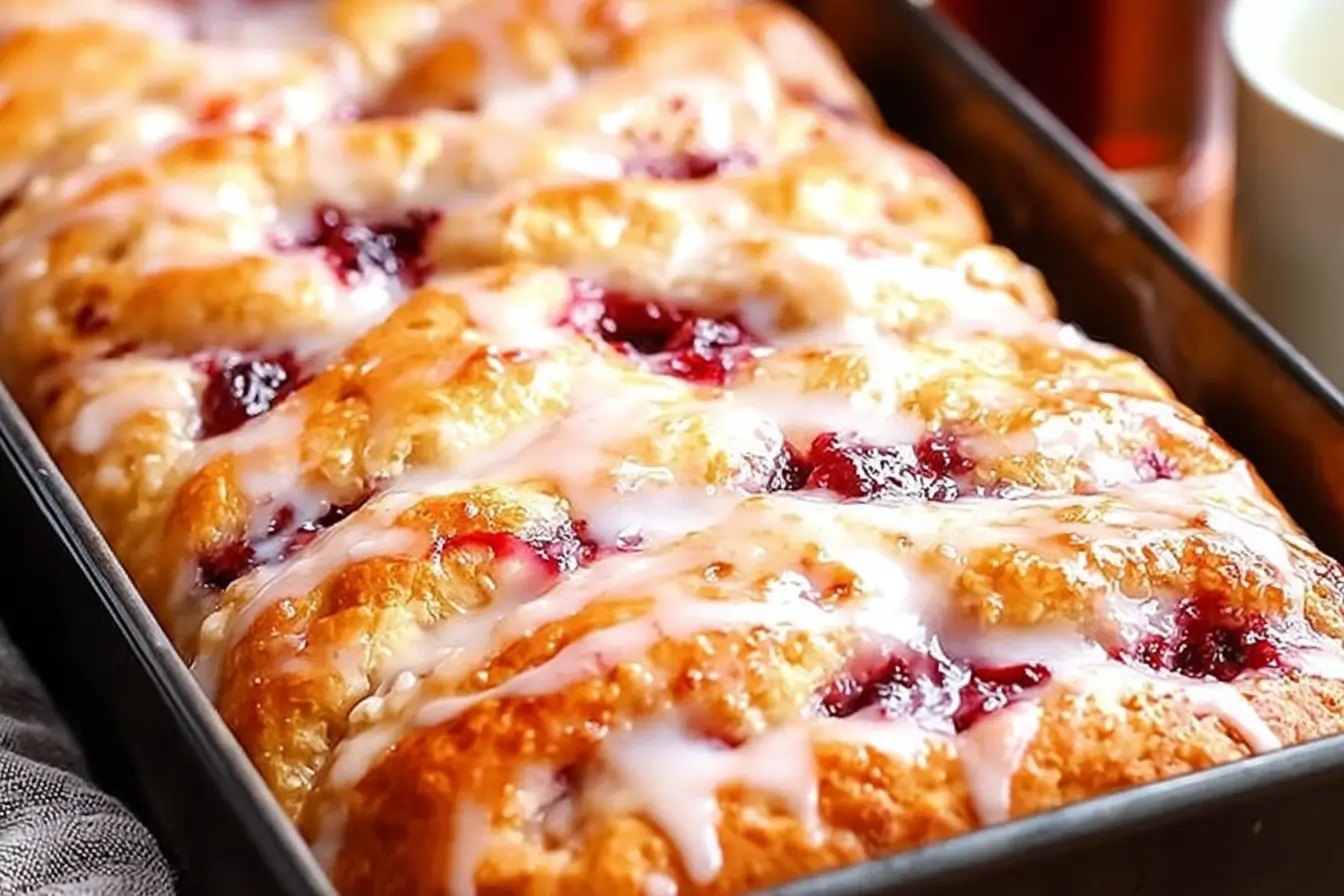 Get Warm Doughnut Flavor Without The Fryer - Simple Jam Donut Focaccia 3 Close-up of Simple Jam Donut Focaccia, golden brown with raspberry jam pockets and vanilla glaze in a baking pan
