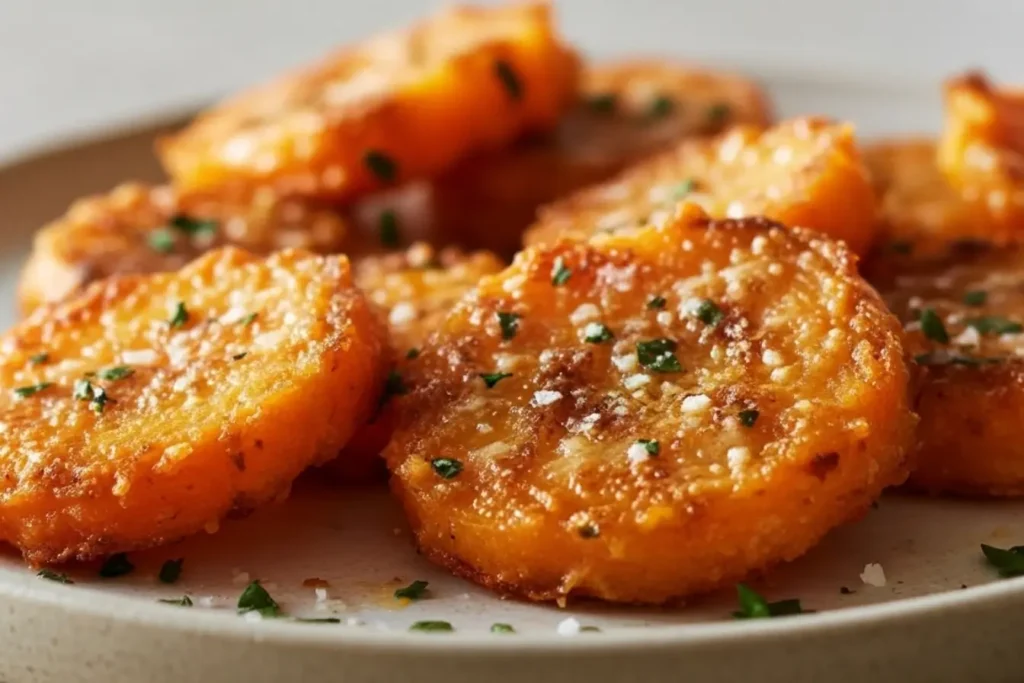 Crispy Smashed Carrots on a plate, golden roasted with sea salt and herbs, easy healthy veggie side dish for dinners and holidays