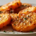 Smashed Carrots 5 Crispy Smashed Carrots on a plate, golden roasted with sea salt and herbs, easy healthy veggie side dish for dinners and holidays