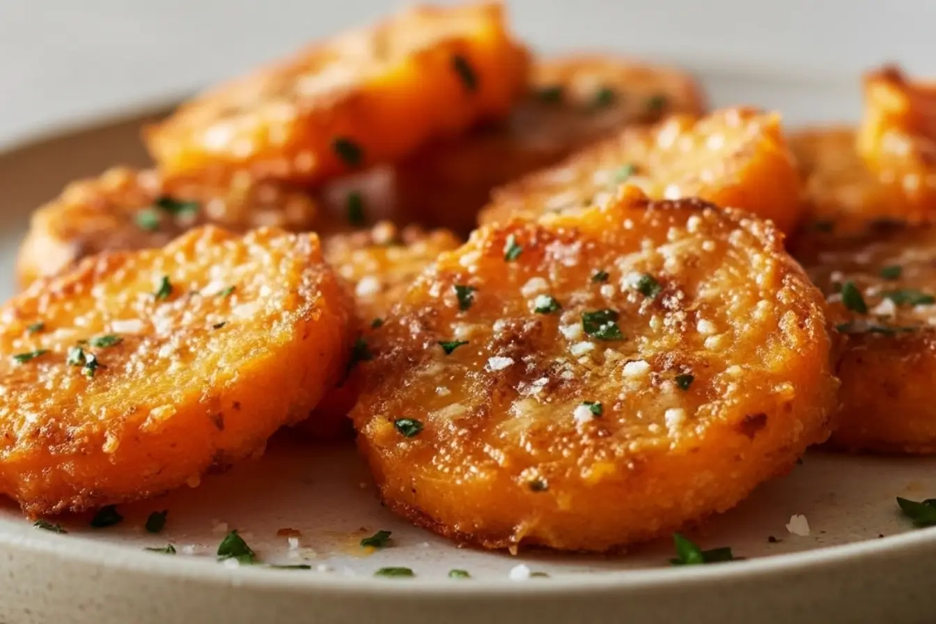 Smashed Carrots 3 Crispy Smashed Carrots on a plate, golden roasted with sea salt and herbs, easy healthy veggie side dish for dinners and holidays