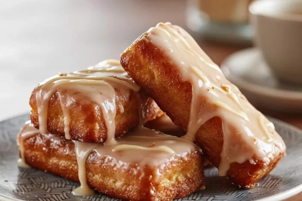 Soft Baked Maple Donut Bars stacked with glossy maple glaze on a plate