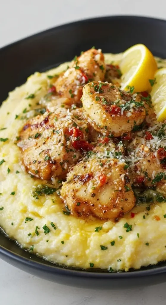 Close-up of Southern Chicken Scampi over creamy parmesan grits, skillet-style garlic parmesan sauce, fresh herbs, red chili bits, lemon garnish