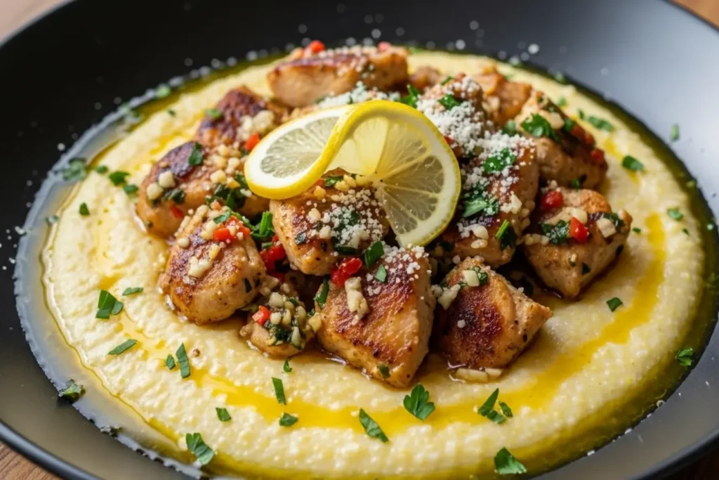 Southern Chicken Scampi with Creamy Parmesan Grits in a black bowl, garlic butter sauce, parsley, red pepper, grated parmesan, lemon slice on top