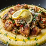 Southern Chicken Scampi with Creamy Parmesan Grits in a black bowl, garlic butter sauce, parsley, red pepper, grated parmesan, lemon slice on top