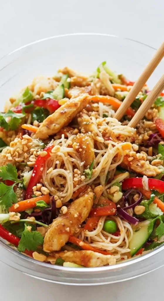 Spring Roll Salad with Spicy Ginger Dressing 4 Spring Roll Salad with Spicy Ginger Dressing, fresh rice noodles and crunchy vegetables tossed with cilantro and crushed peanuts, vibrant overhead shot.