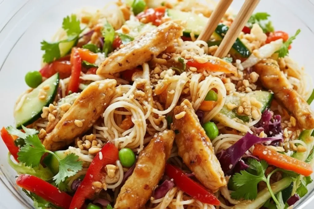 Spring Roll Salad with Spicy Ginger Dressing, rice noodles, bell pepper, cucumber, carrots, peas, cilantro, peanuts, with chopsticks in a glass bowl.
