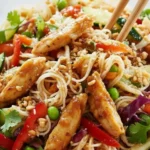 Spring Roll Salad with Spicy Ginger Dressing 5 Spring Roll Salad with Spicy Ginger Dressing, rice noodles, bell pepper, cucumber, carrots, peas, cilantro, peanuts, with chopsticks in a glass bowl.