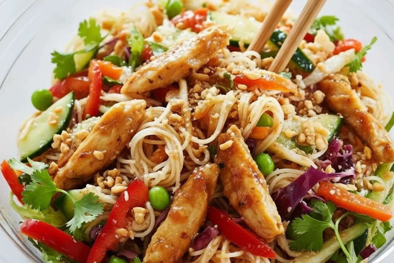 Spring Roll Salad with Spicy Ginger Dressing 3 Spring Roll Salad with Spicy Ginger Dressing, rice noodles, bell pepper, cucumber, carrots, peas, cilantro, peanuts, with chopsticks in a glass bowl.