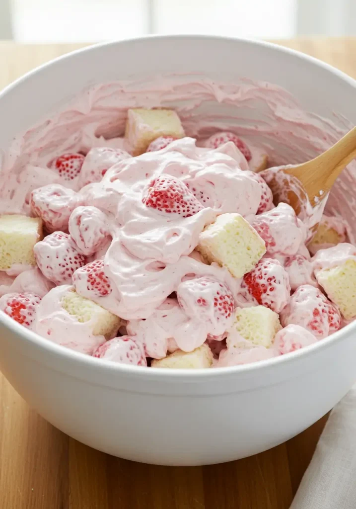 Strawberry Shortcake Fluff Salad 4 Close up of creamy Strawberry Shortcake Fluff Salad showing berries and soft cake pieces folded into vanilla pudding and Cool Whip for an easy crowd pleasing treat.