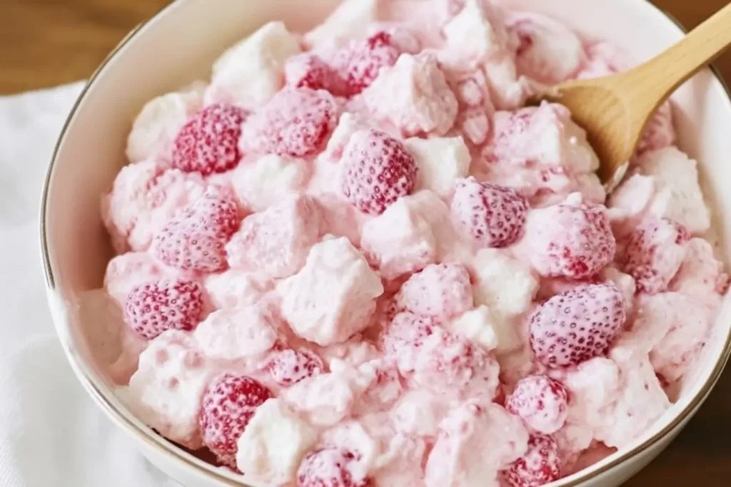 Bowl of Strawberry Shortcake Fluff Salad with whipped cream, Cool Whip, strawberries, and angel food cake cubes, a no bake dessert perfect for potlucks.