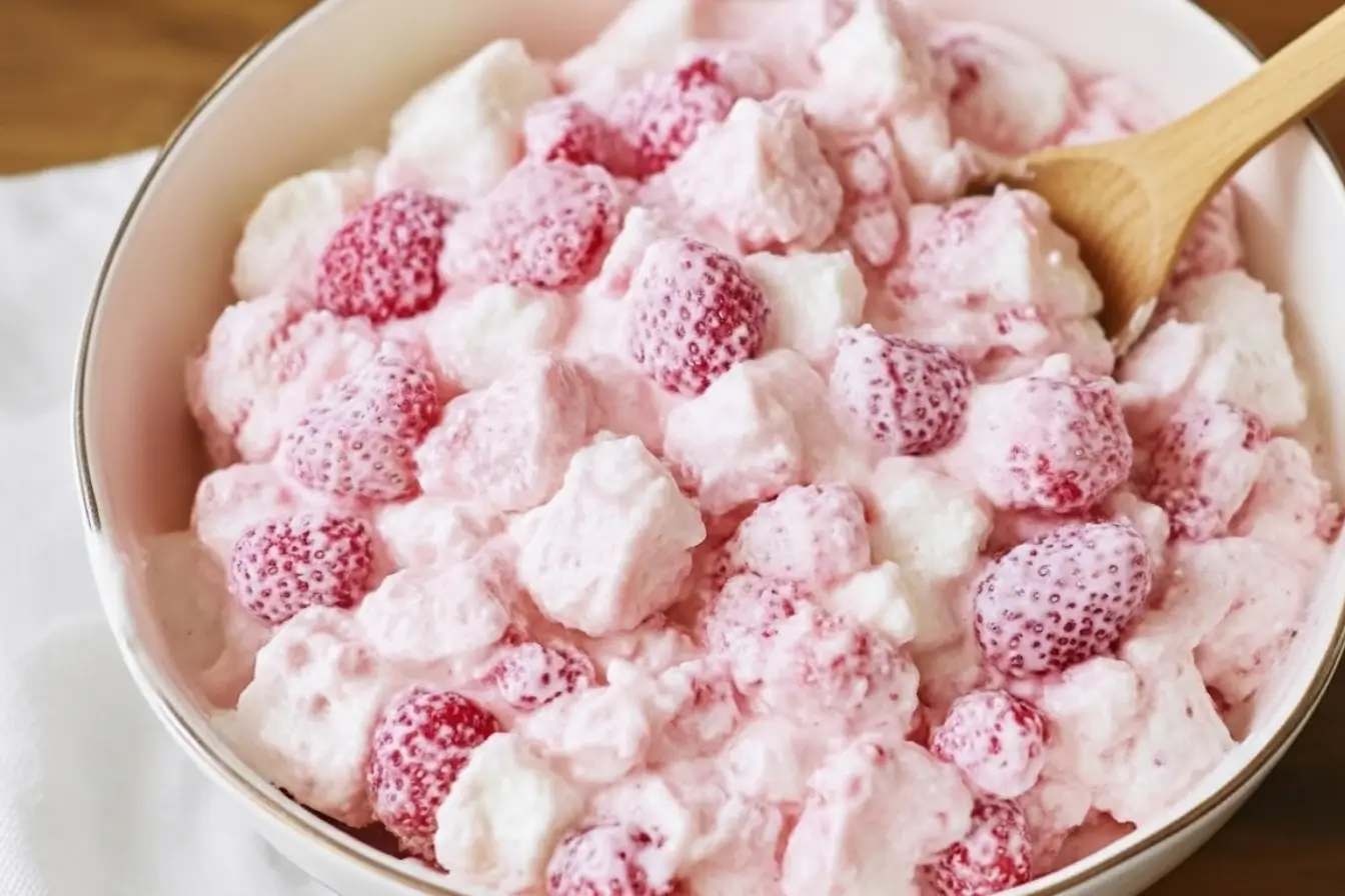 Strawberry Shortcake Fluff Salad 3 Bowl of Strawberry Shortcake Fluff Salad with whipped cream, Cool Whip, strawberries, and angel food cake cubes, a no bake dessert perfect for potlucks.