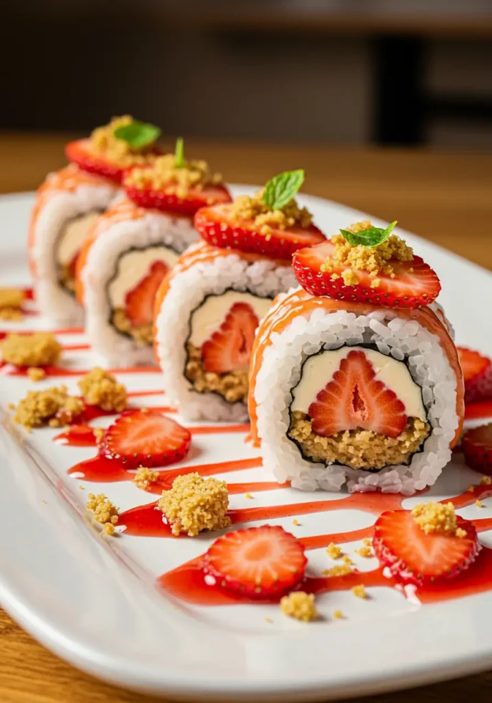 Close-up of dessert sushi rolls styled as Strawberry Shortcake Sushi Rolls, creamy center, crumb topping, and bright berry sauce swirls for a party-ready treat.