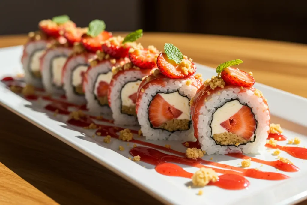 Strawberry Shortcake Sushi Rolls with cheesecake filling, shortcake crumb coating, fresh strawberry slices, and mint on a white platter with strawberry sauce drizzle.