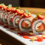 Strawberry Shortcake Sushi Rolls with cheesecake filling, shortcake crumb coating, fresh strawberry slices, and mint on a white platter with strawberry sauce drizzle.