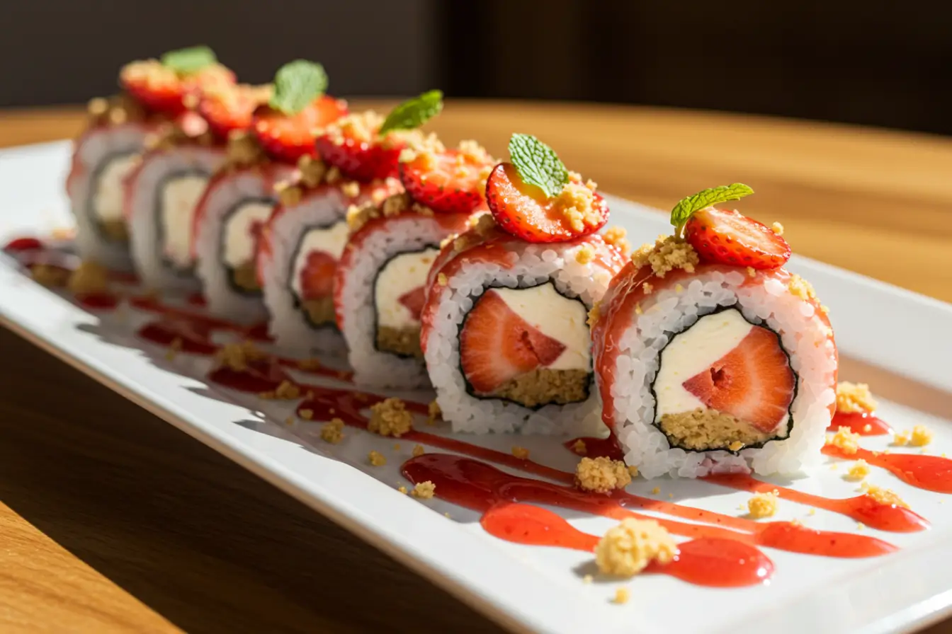 Strawberry Shortcake Sushi Rolls with cheesecake filling, shortcake crumb coating, fresh strawberry slices, and mint on a white platter with strawberry sauce drizzle.