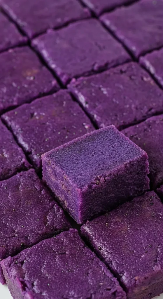 Ube Mochi Recipe - How to Bake Chewy Purple Yam Mochi Bars at Home 4 Ube Mochi Recipe, close-up of fudgy ube butter mochi cubes with rich violet color on a plate, simple Mochi Recipe for parties and snackable Ube Dessert Recipe