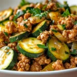 Ground Turkey and Zucchini Skillet 5 Skillet of ground turkey crumbles and zucchini rounds with onions and herbs, a healthy low carb one pan dinner.