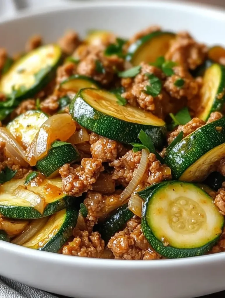 Ground Turkey and Zucchini Skillet 4 Close up of ground turkey crumbles and zucchini rounds in a savory sauce, easy weeknight skillet meal.