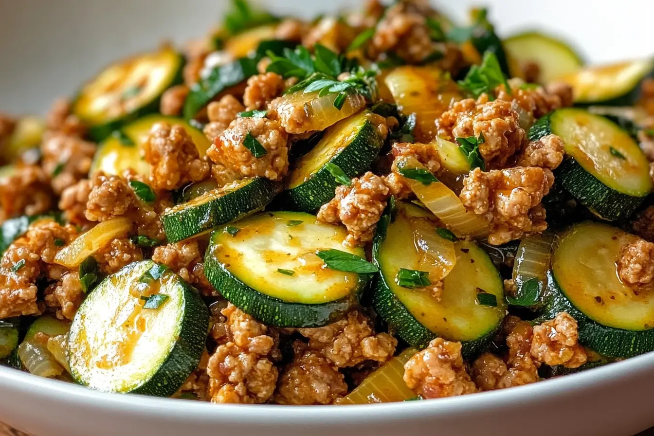 Ground Turkey and Zucchini Skillet 3 Skillet of ground turkey crumbles and zucchini rounds with onions and herbs, a healthy low carb one pan dinner.