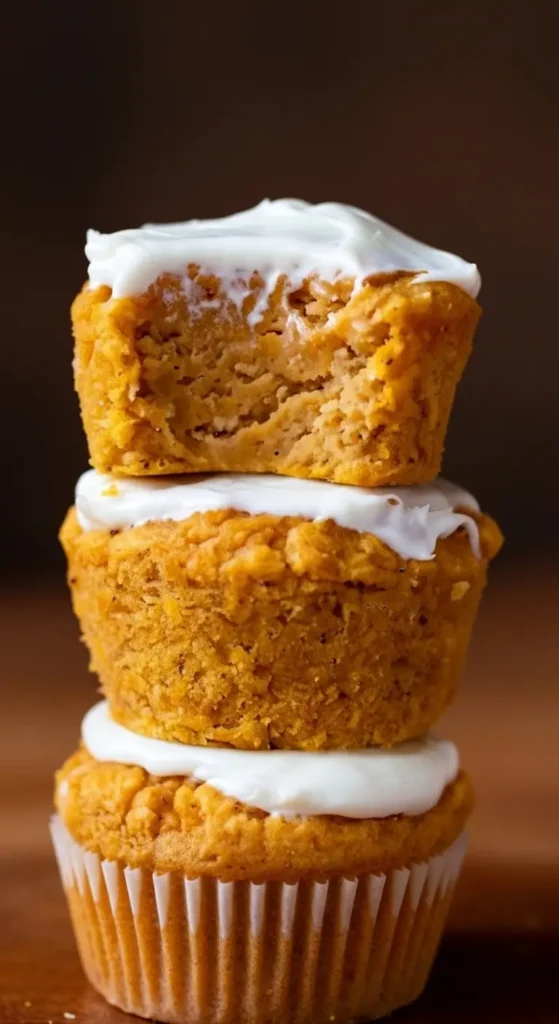 Healthy Flourless Pumpkin Muffins 4 Closeup of healthy flourless Pumpkin Muffins, golden and tender, layered with white frosting, no flour, perfect for gluten free snack or brunch.