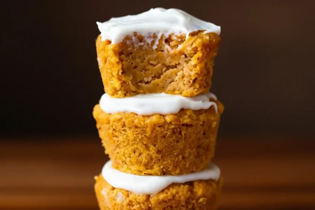 Stack of three healthy flourless Pumpkin Muffins with creamy frosting, top muffin bitten to show moist crumb, gluten free fall breakfast treat.