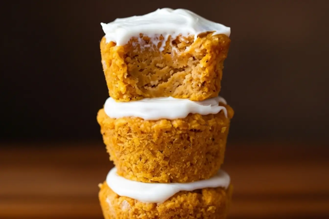 Healthy Flourless Pumpkin Muffins 3 Stack of three healthy flourless Pumpkin Muffins with creamy frosting, top muffin bitten to show moist crumb, gluten free fall breakfast treat.