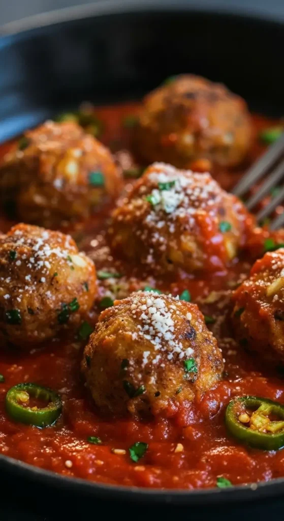 Crispy baked vegetarian cauliflower meatballs in rich marinara, topped with grated cheese and herbs, perfect for pasta night