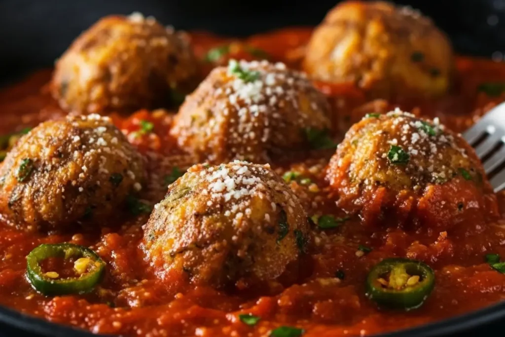 Vegetarian cauliflower meatballs simmered in tomato sauce, sprinkled with parmesan and parsley, with jalapeño slices and a fork in the pan
