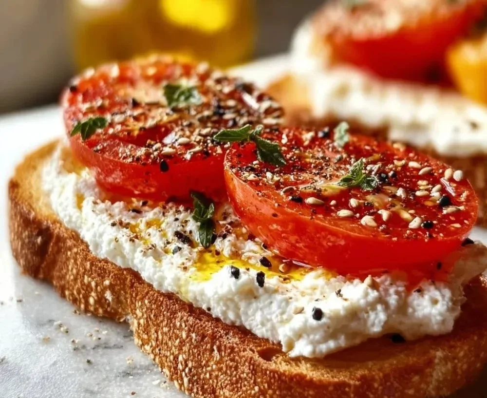 5-ingredient ricotta sourdough toast with tomatoes on a white plate