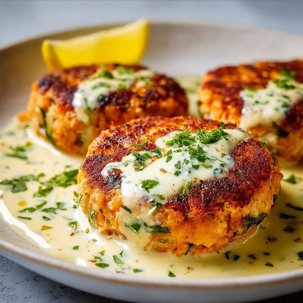 Salmon Patties with Creamy Lemon-Garlic Sauce 4 Salmon Patties with Creamy Lemon-Garlic Sauce