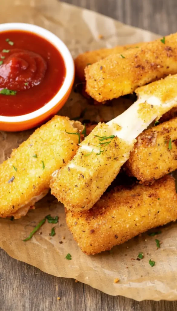 Air Fryer Mozzarella Sticks on parchment, extra crispy crust and stretchy center, sprinkled with parsley, perfect game day snack