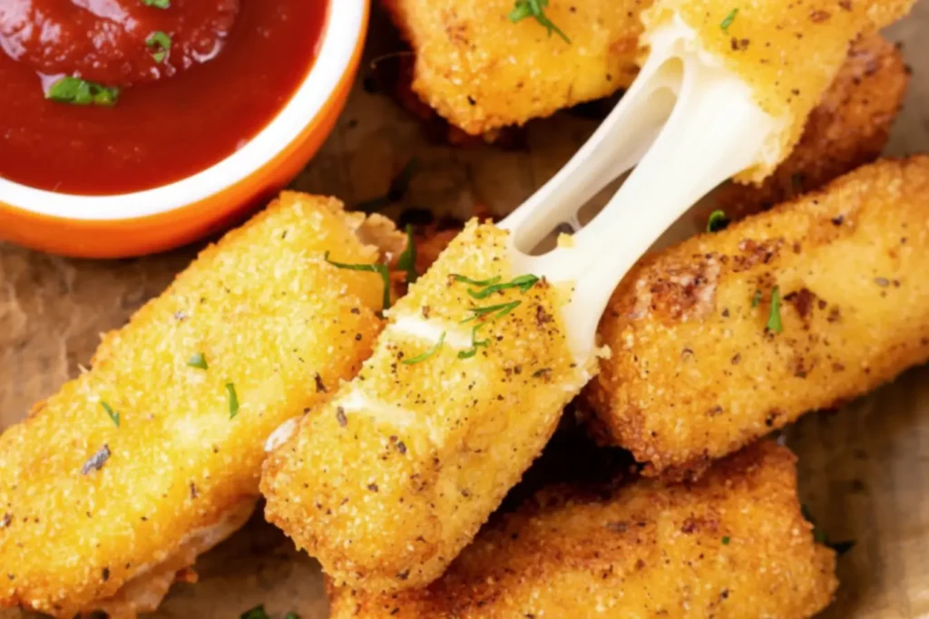 Golden air fryer mozzarella sticks with gooey cheese pull, crispy breadcrumb coating, served with marinara dipping sauce, easy appetizer recipe