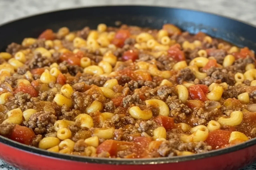 Skillet of American Goulash with elbow macaroni, ground beef, and diced tomatoes simmering in a rich tomato sauce, an easy one pot goulash recipe for a cozy weeknight dinner