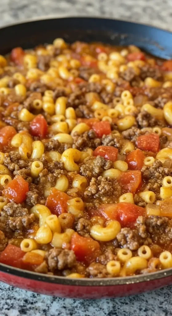 Ultimate American Goulash - Secrets how to build deeper flavor in one-pot 4 Close up of beef goulash in a pan, tender macaroni and savory meat in a hearty tomato base, classic American Goulash made simple for family friendly comfort food